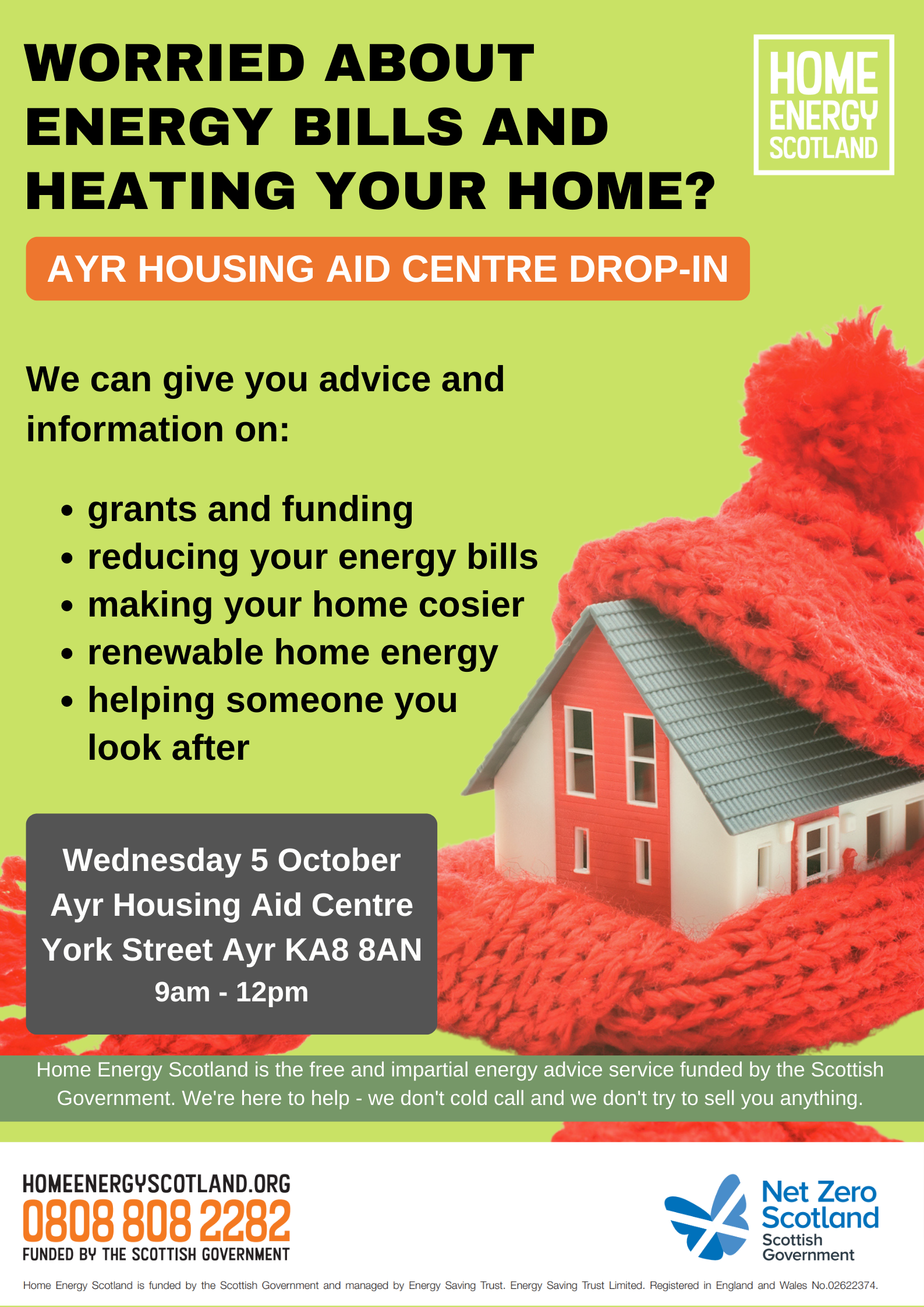 We can give you advice and information on:

grants and funding, reducing your energy bills, making your home cosier, renewable home energy, helping someone you look after